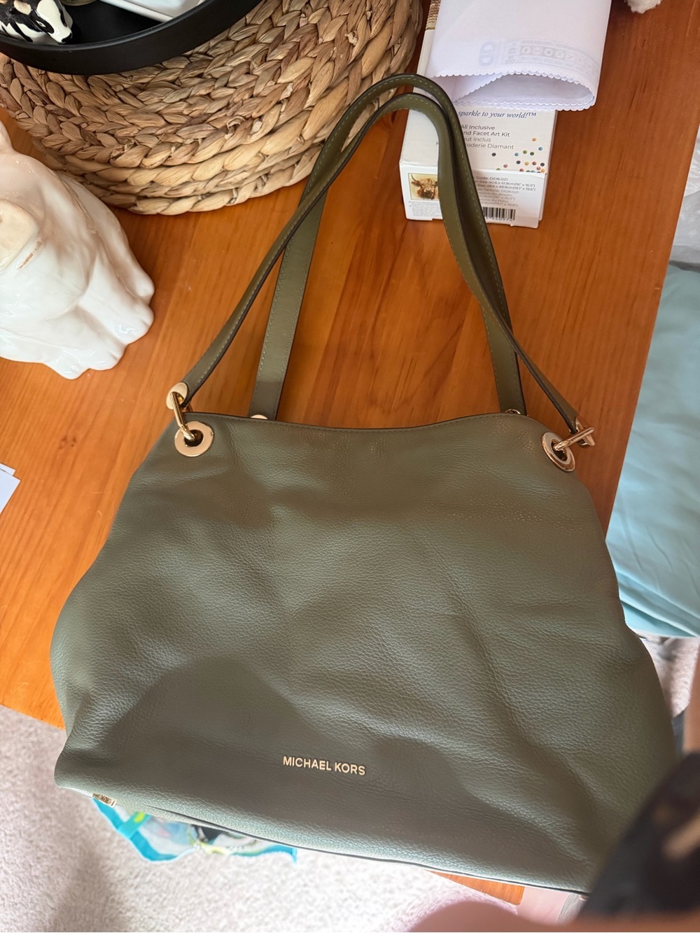 Michael Kors Olive Leather Shoulder Tote with Gold Hardware